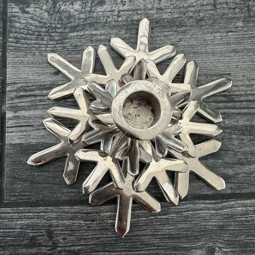 Crate & Barrel Pair of Shiny Snowflake Taper Holders